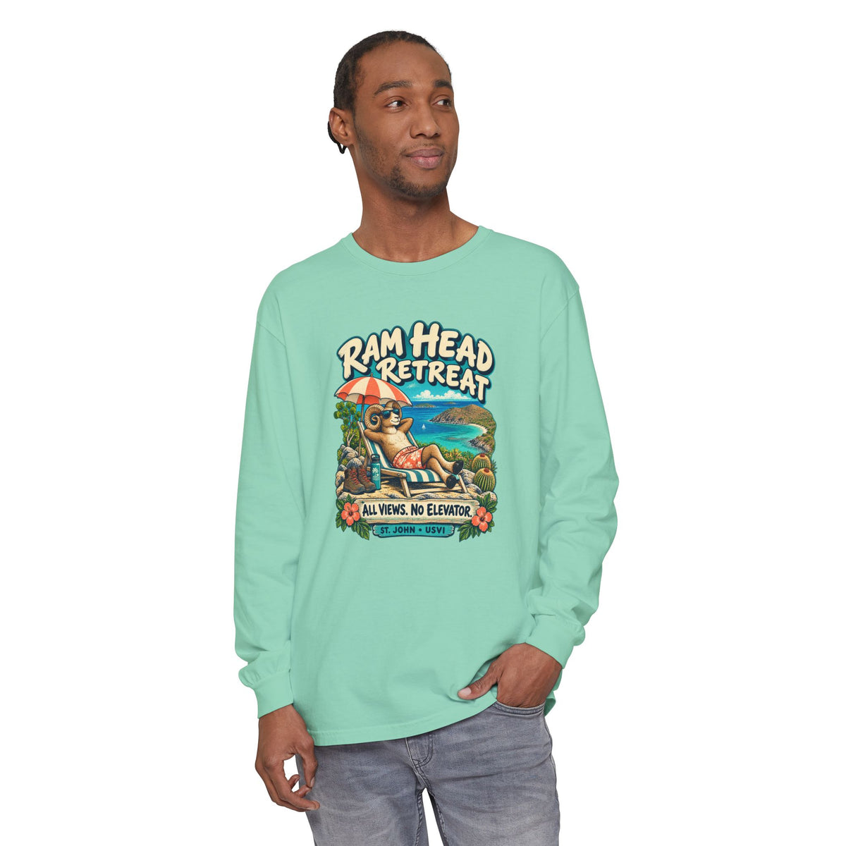 Model wearing Ram Head Retreat St John USVI Comfort Colors 6014 Long-Sleeve T-Shirt with the lounging ram retreat design.