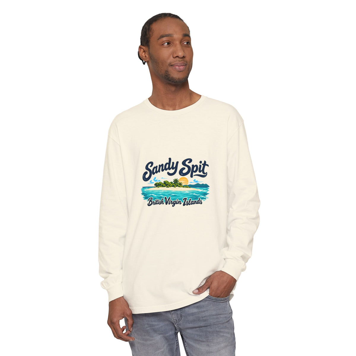 Model wearing the Sandy Spit British Virgin Islands Comfort Colors 6014 long-sleeve T-shirt.
