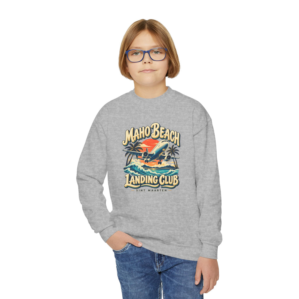 Maho Beach Landing Club Sint Maarten Gildan 18000B Youth Sweatshirt featuring the Maho Beach destination artwork, supplier product mockup