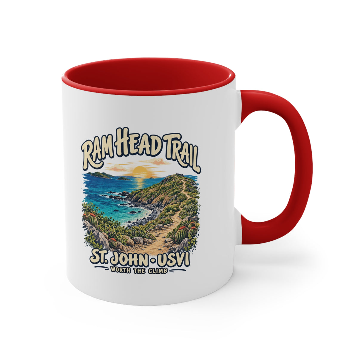 Ram Head Trail St John USVI coastal artwork on the printed side of a ceramic accent coffee mug.