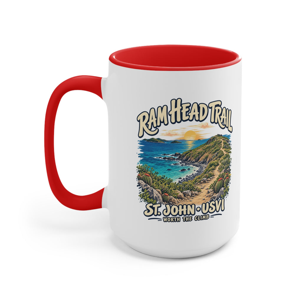 Ram Head Trail St John USVI coastal artwork on the printed side of a ceramic accent coffee mug.