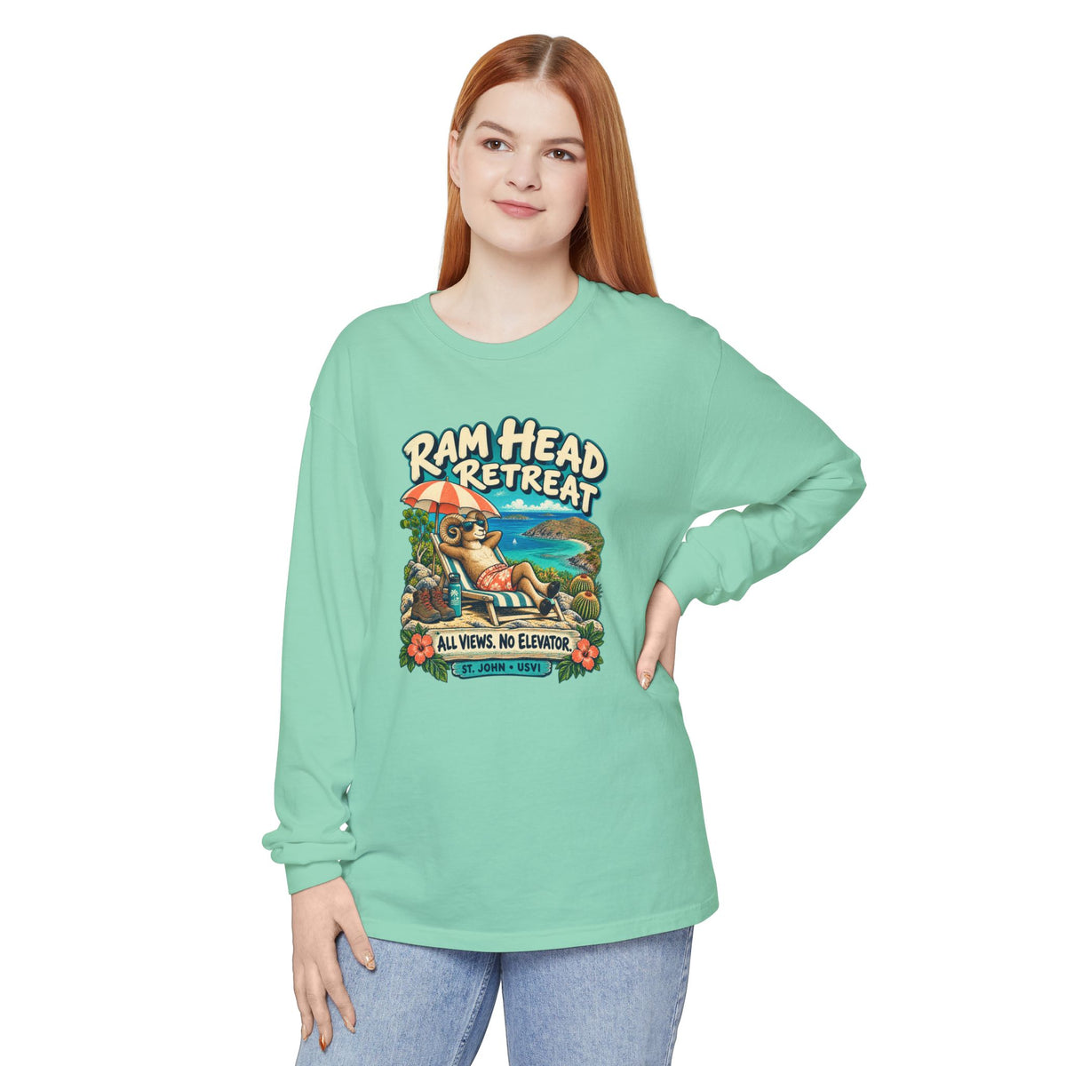 Model wearing Ram Head Retreat St John USVI Comfort Colors 6014 Long-Sleeve T-Shirt with the lounging ram retreat design.