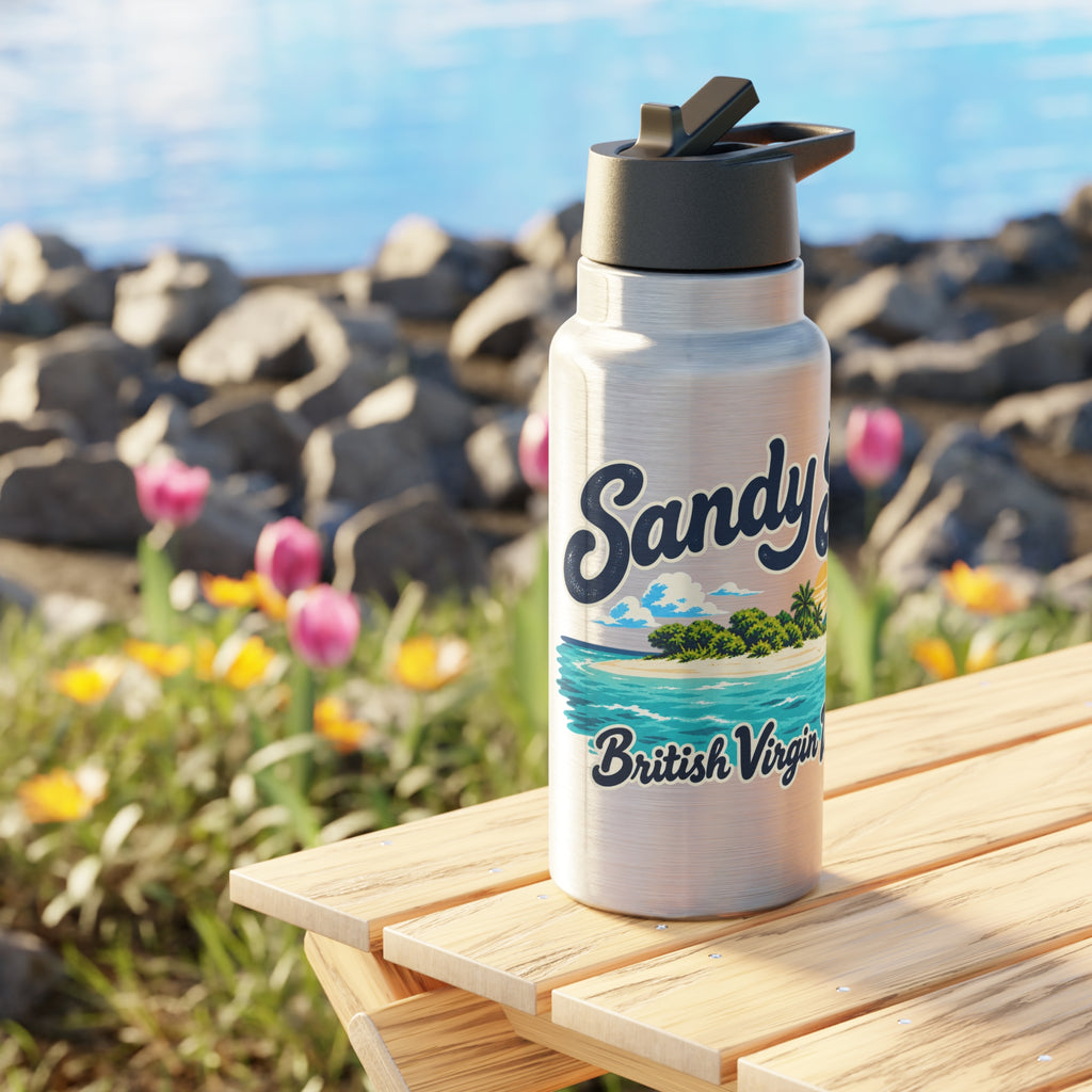 Sandy Spit BVI artwork on a silver Gator 32-ounce tumbler with black lid in a product mockup.
