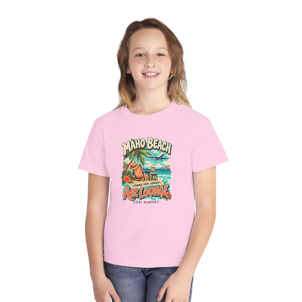 Maho Beach Air Lounge Sint Maarten Comfort Colors 9018 Youth T-Shirt featuring the Maho Beach destination artwork, supplier product mockup