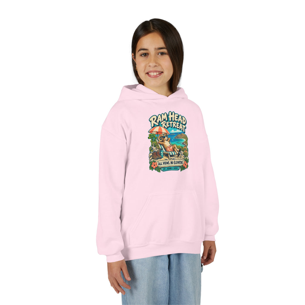 Model wearing Ram Head Retreat St John USVI Gildan 18500B Youth Hoodie with the lounging ram retreat design.