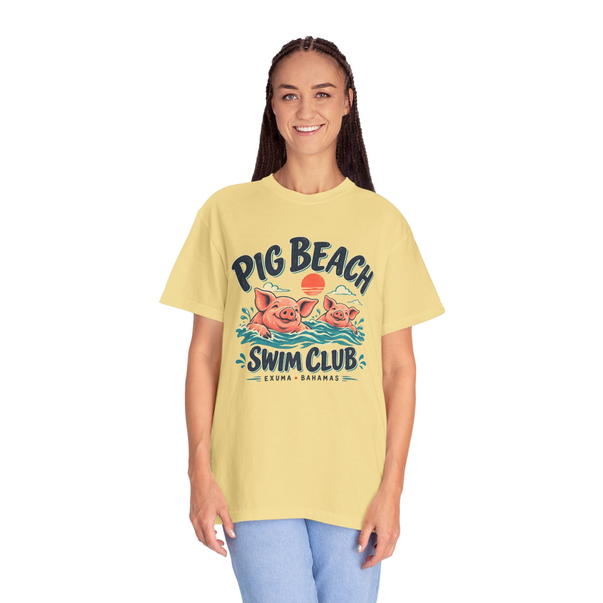 Model wearing the Pig Beach Swim Club Exuma Bahamas Comfort Colors 1717 T-shirt.