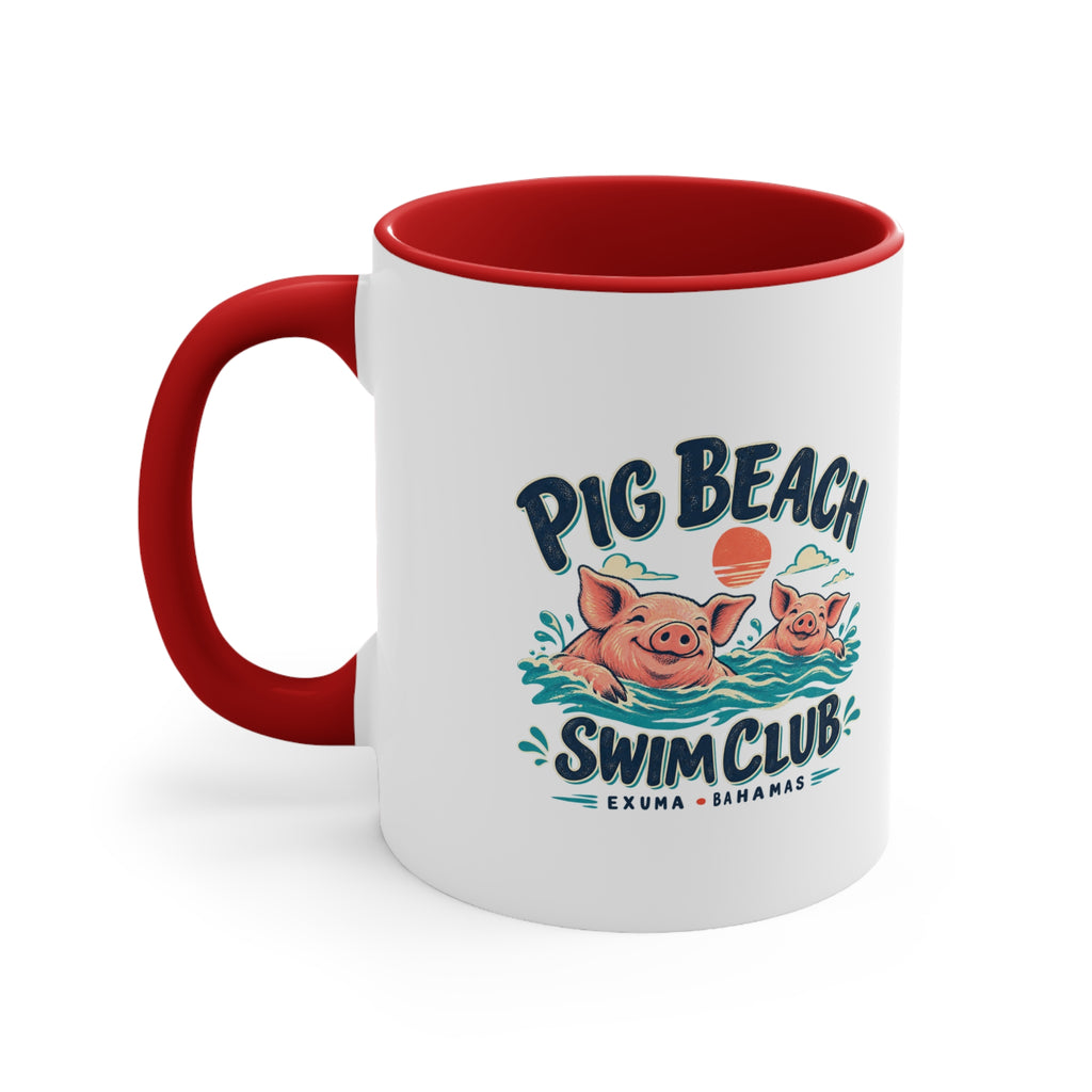 Pig Beach Swim Club Exuma Bahamas accent mug with colorful swimming-pig artwork printed on both sides.
