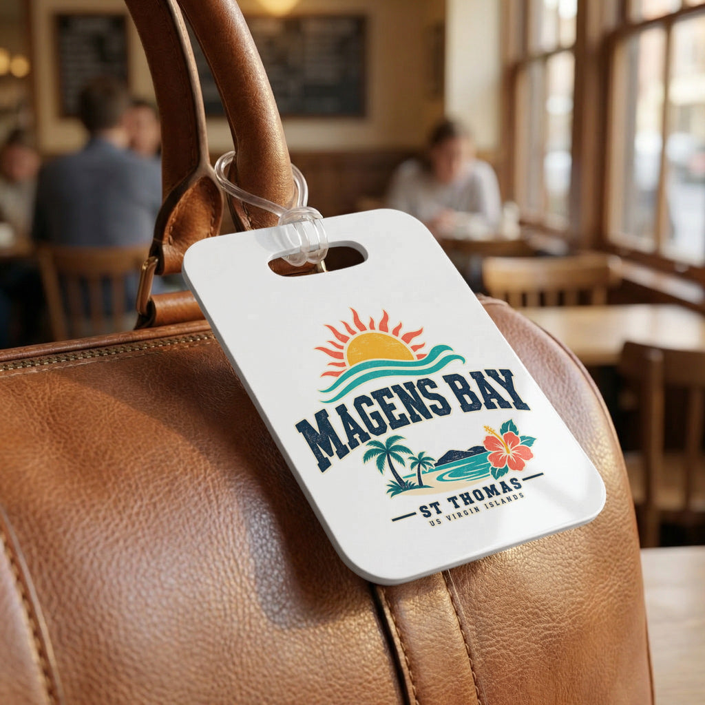 Luggage tag with Magens Bay St. Thomas US Virgin Islands design on a brown bag.