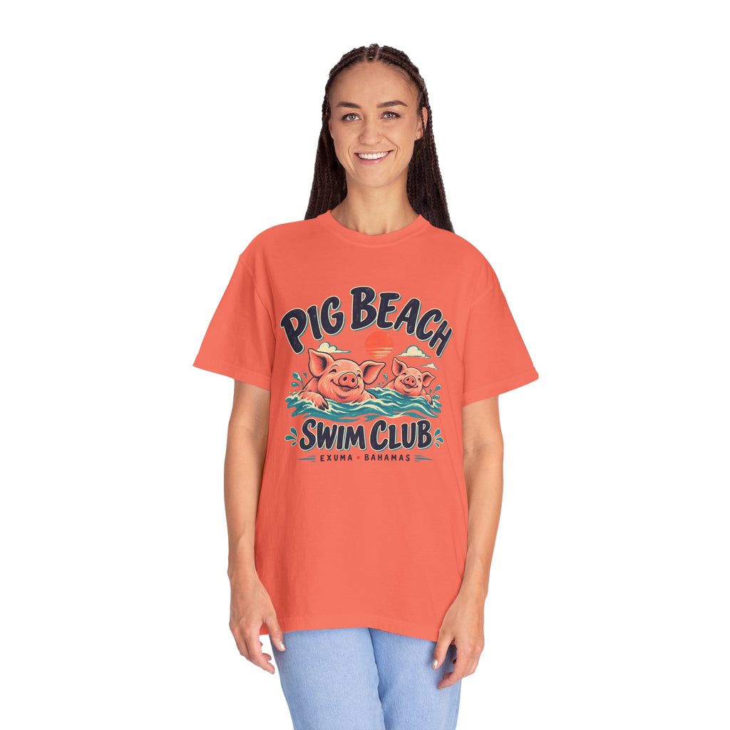 Model wearing the Pig Beach Swim Club Exuma Bahamas Comfort Colors 1717 T-shirt.