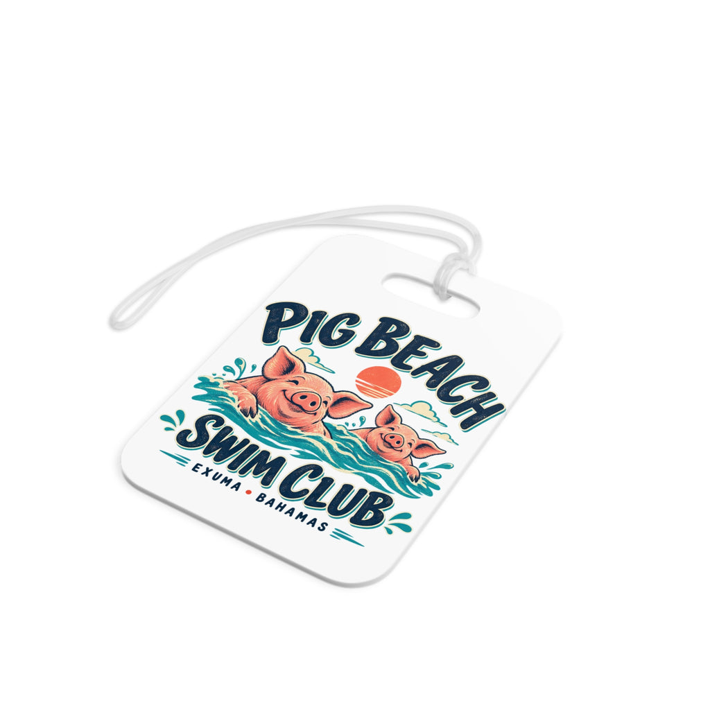 Pig Beach Swim Club Exuma Bahamas luggage tag with artwork positioned below the strap opening.