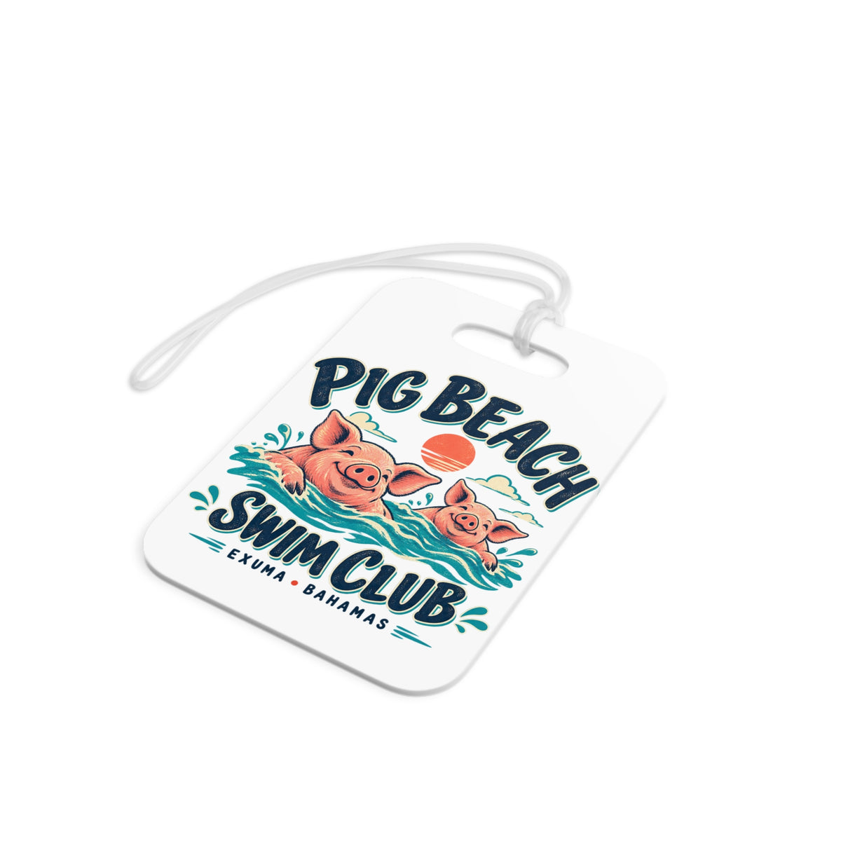 Pig Beach Swim Club Exuma Bahamas luggage tag with artwork positioned below the strap opening.