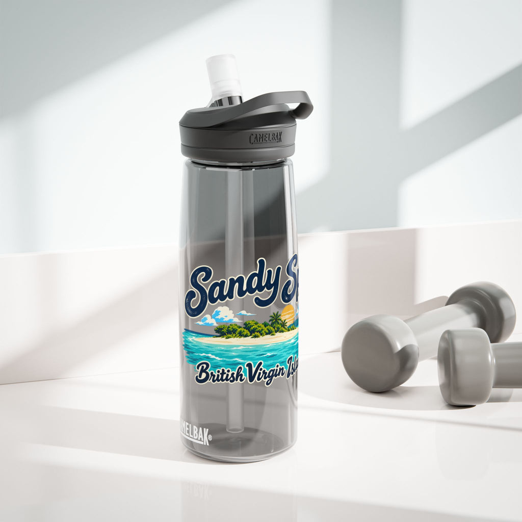 Sandy Spit BVI artwork on a charcoal CamelBak Eddy 25-ounce water bottle in a lifestyle product mockup.