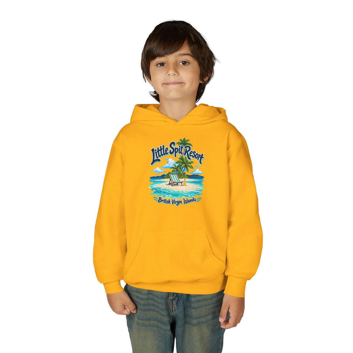 Young model wearing the Little Spit Resort BVI Gildan 18500B youth hoodie, front-view mockup.