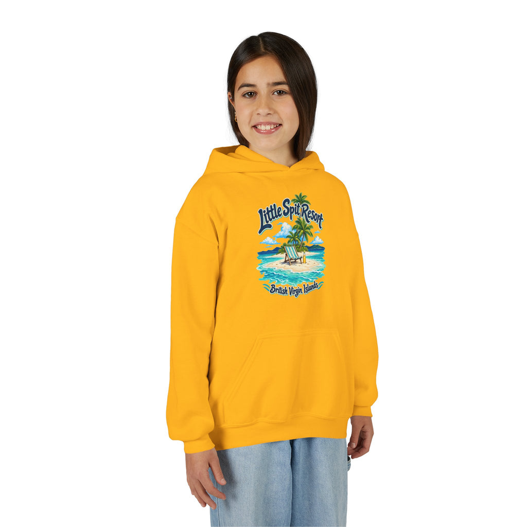 Young model wearing the Little Spit Resort BVI Gildan 18500B youth hoodie, front-view mockup.