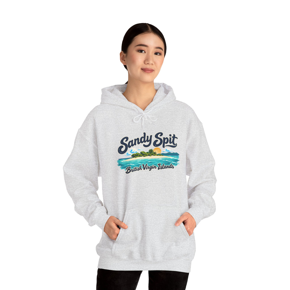 Model wearing the Sandy Spit BVI Gildan 18500 hoodie with colorful palm-tree island artwork and British Virgin Islands lettering.