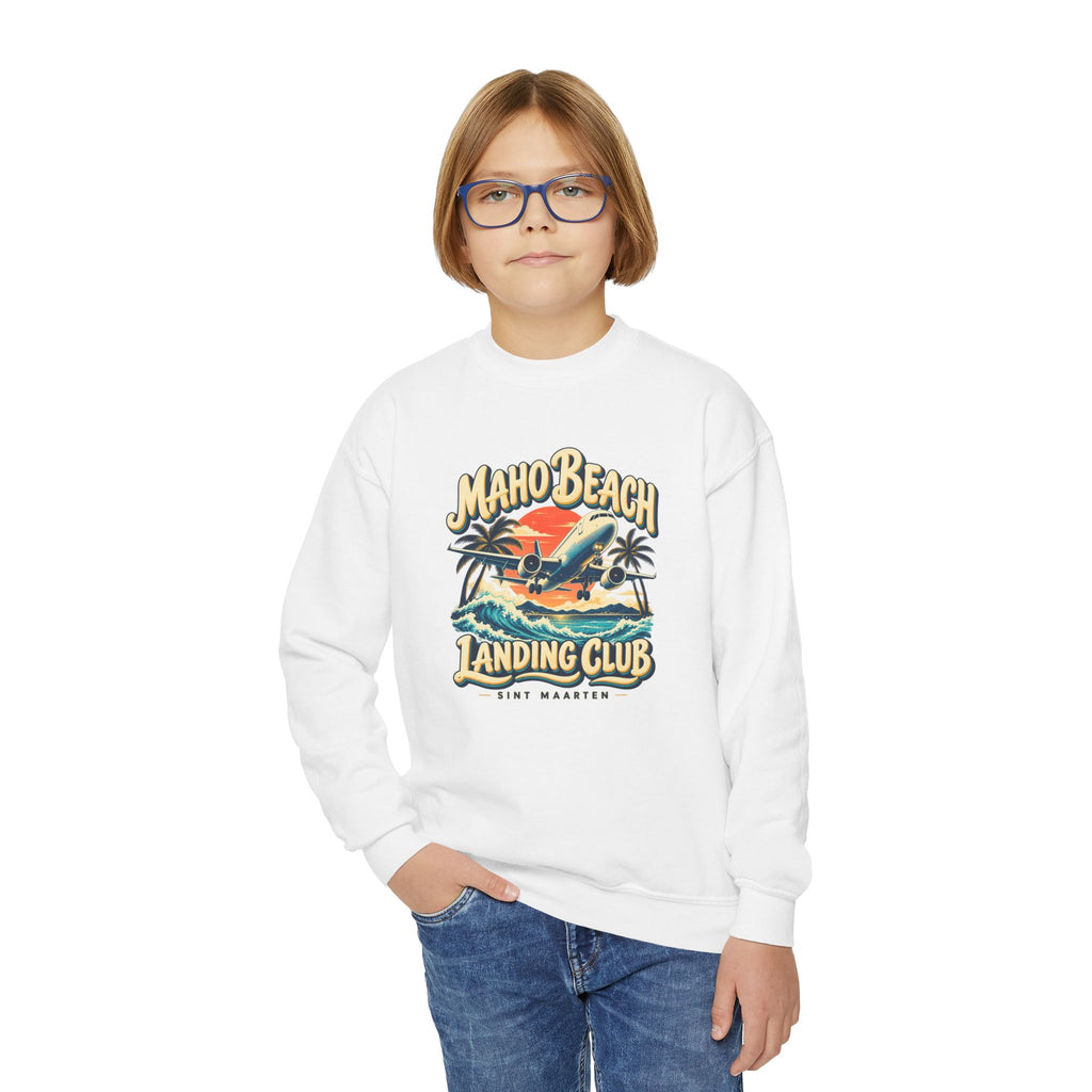 Maho Beach Landing Club Sint Maarten Gildan 18000B Youth Sweatshirt featuring the Maho Beach destination artwork, supplier product mockup