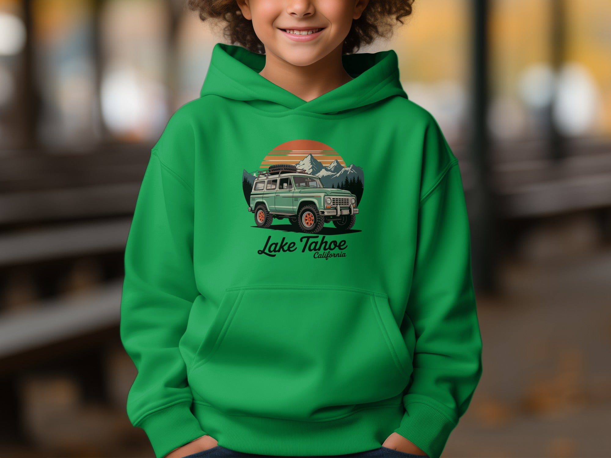 Boy's Green Hoodie with Lake Tahoe California Print