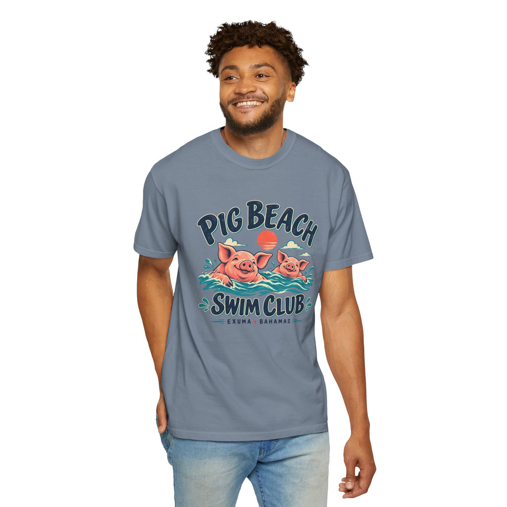 Model wearing the Pig Beach Swim Club Exuma Bahamas Comfort Colors 1717 T-shirt.