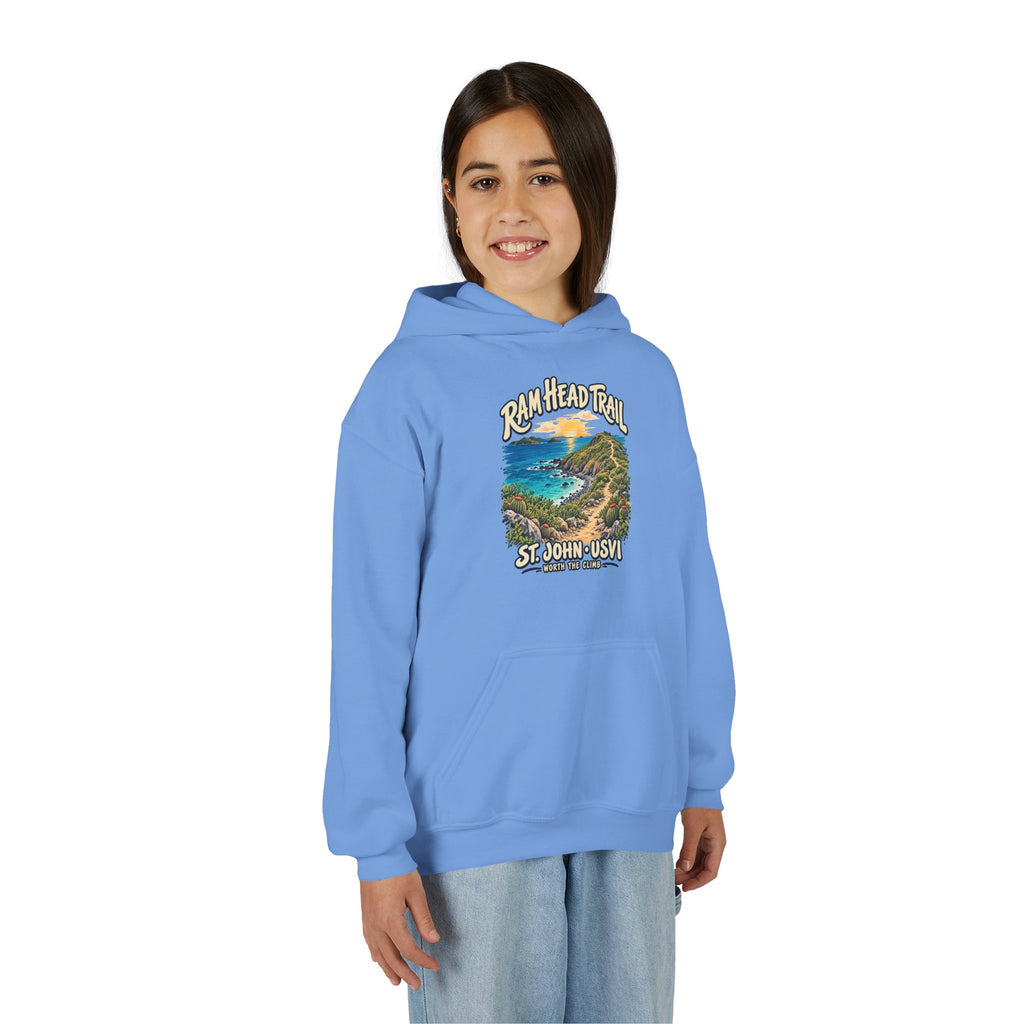 Youth model wearing a Gildan 18500B hoodie with Ram Head Trail St John USVI coastal artwork.
