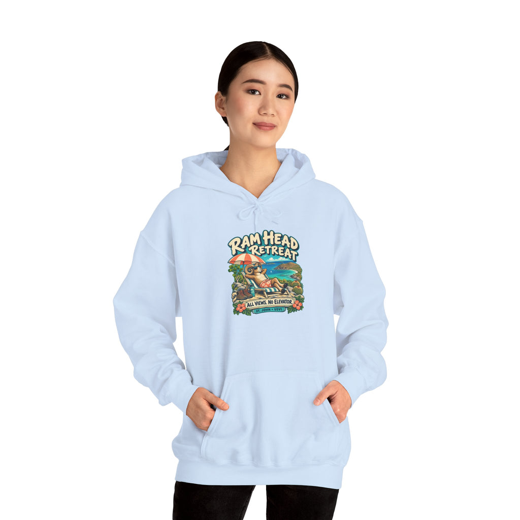 Model wearing a Ram Head Retreat St John USVI Gildan 18500 hoodie with lounging ram artwork.