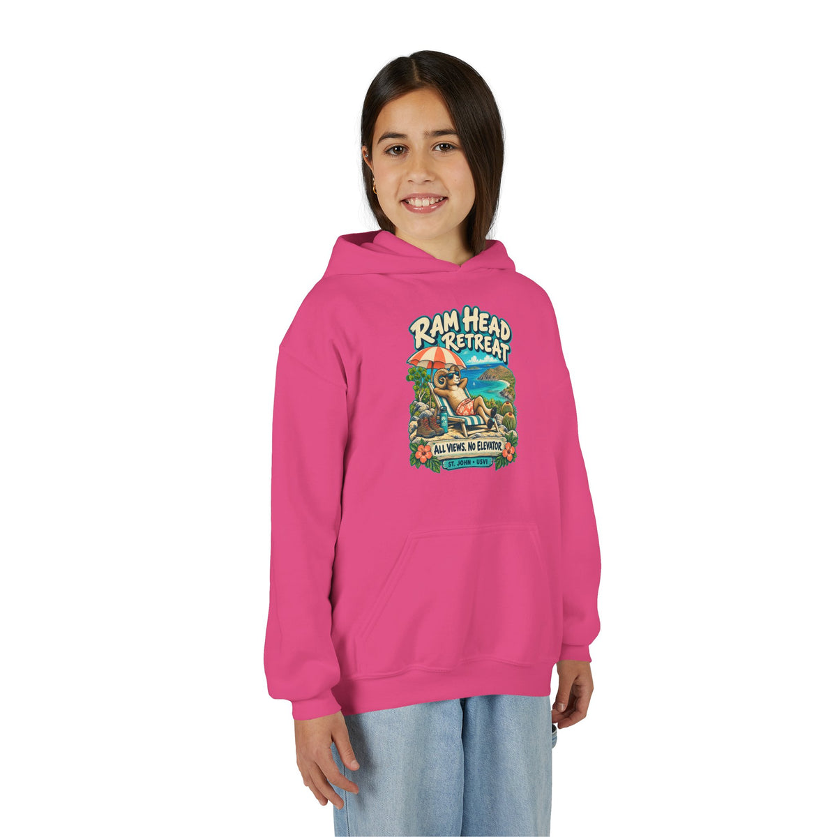 Model wearing Ram Head Retreat St John USVI Gildan 18500B Youth Hoodie with the lounging ram retreat design.