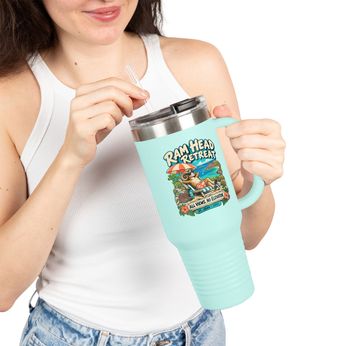 Ram Head Retreat St John USVI artwork on a Polar Camel 40 oz travel mug with handle, lid and straw.