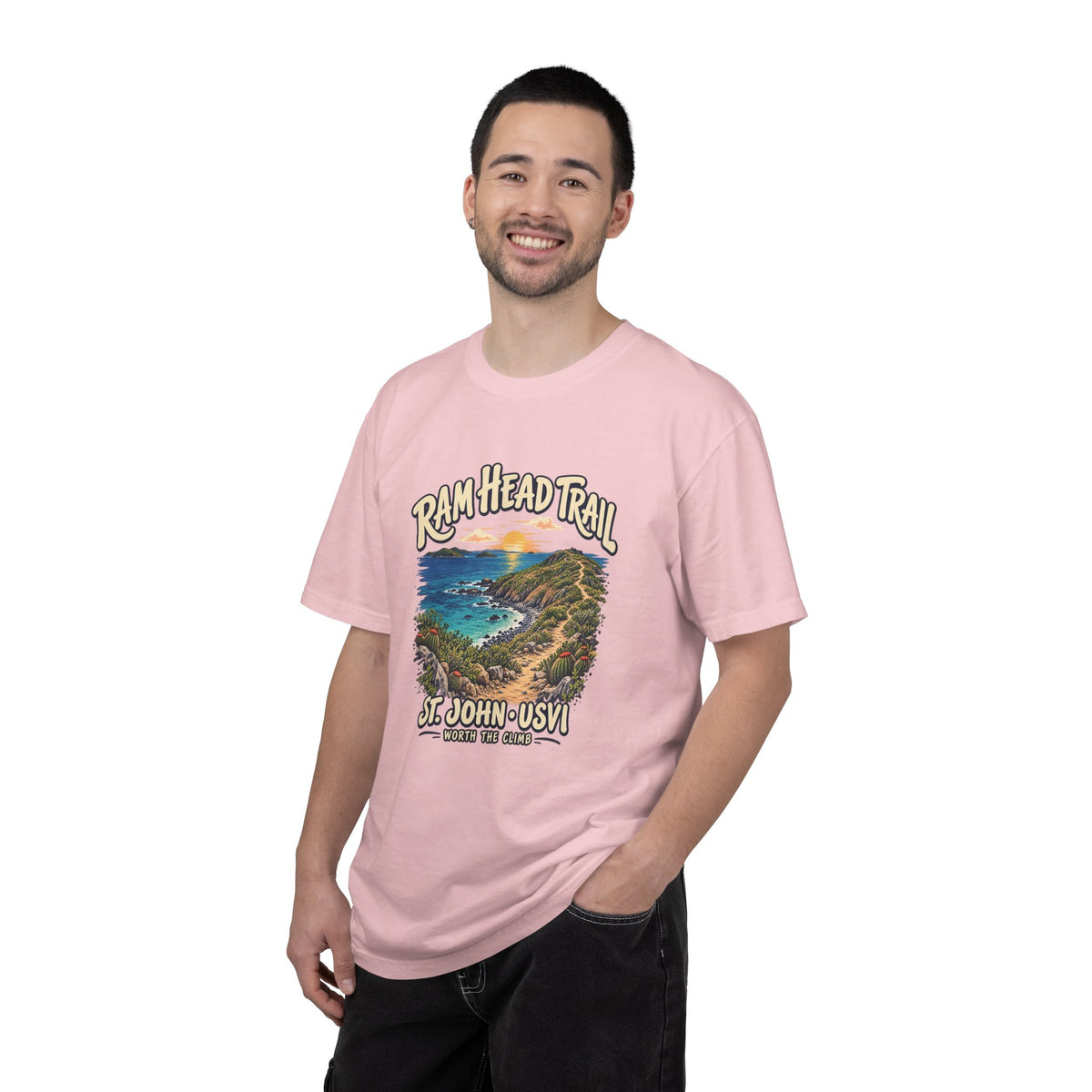 Model wearing a Comfort Colors 1717 T-shirt with the Ram Head Trail coastal illustration and St. John USVI lettering on the front.