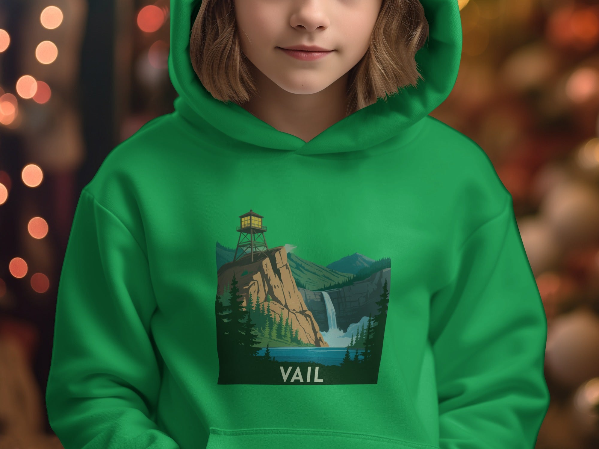 Cozy Green Hoodie with Scenic Vail Design