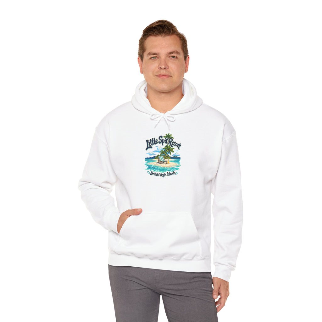 Model wearing the Little Spit Resort BVI Gildan 18500 hoodie with the beach-chair and palm-tree island graphic.