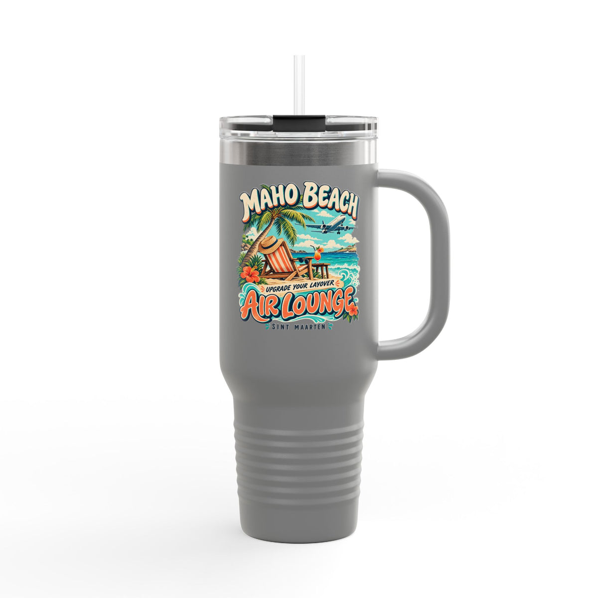 Maho Beach Air Lounge Sint Maarten Polar Camel 40 oz Travel Mug illustrated destination design, product mockup