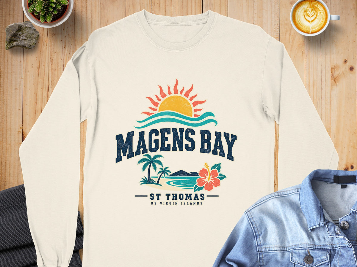 Long sleeve shirt with Magens Bay St. Thomas US Virgin Islands graphic.