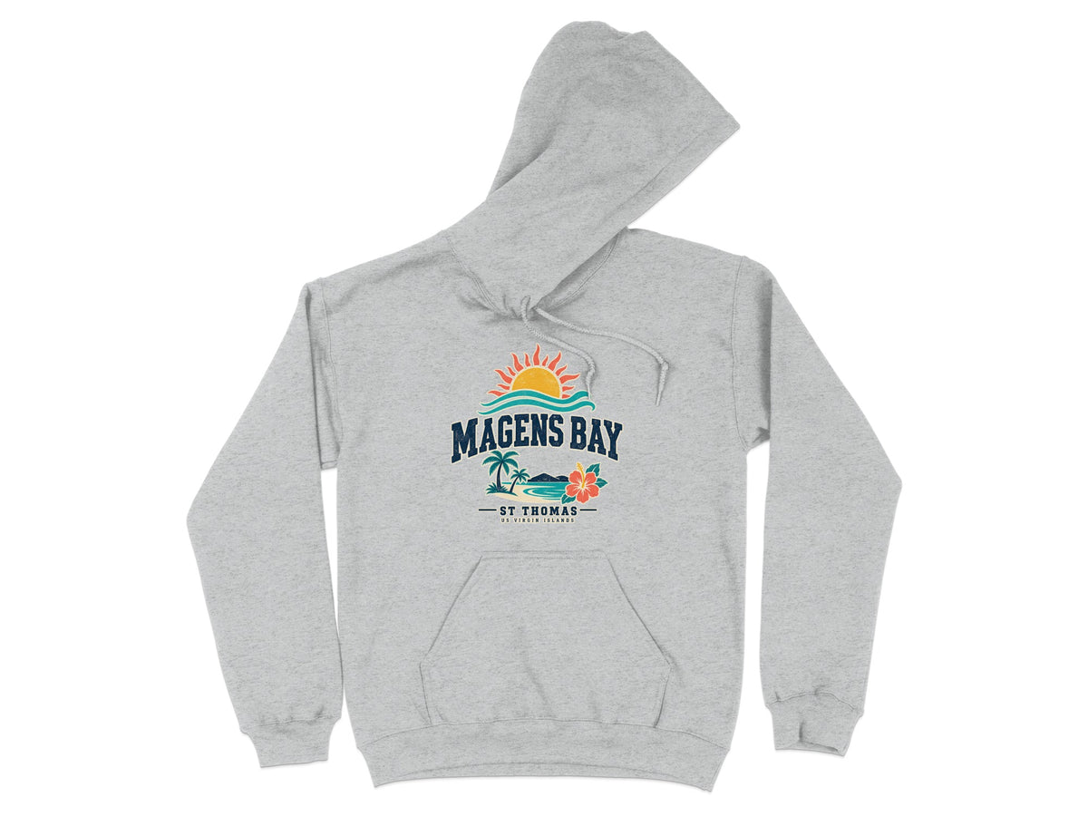 Grey hoodie with Magens Bay St. Thomas graphic.