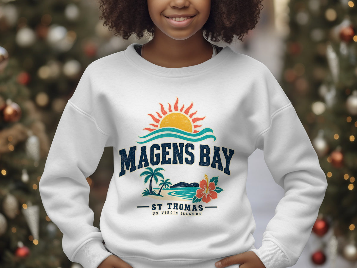 White sweatshirt with Magens Bay St. Thomas US Virgin Islands graphic.