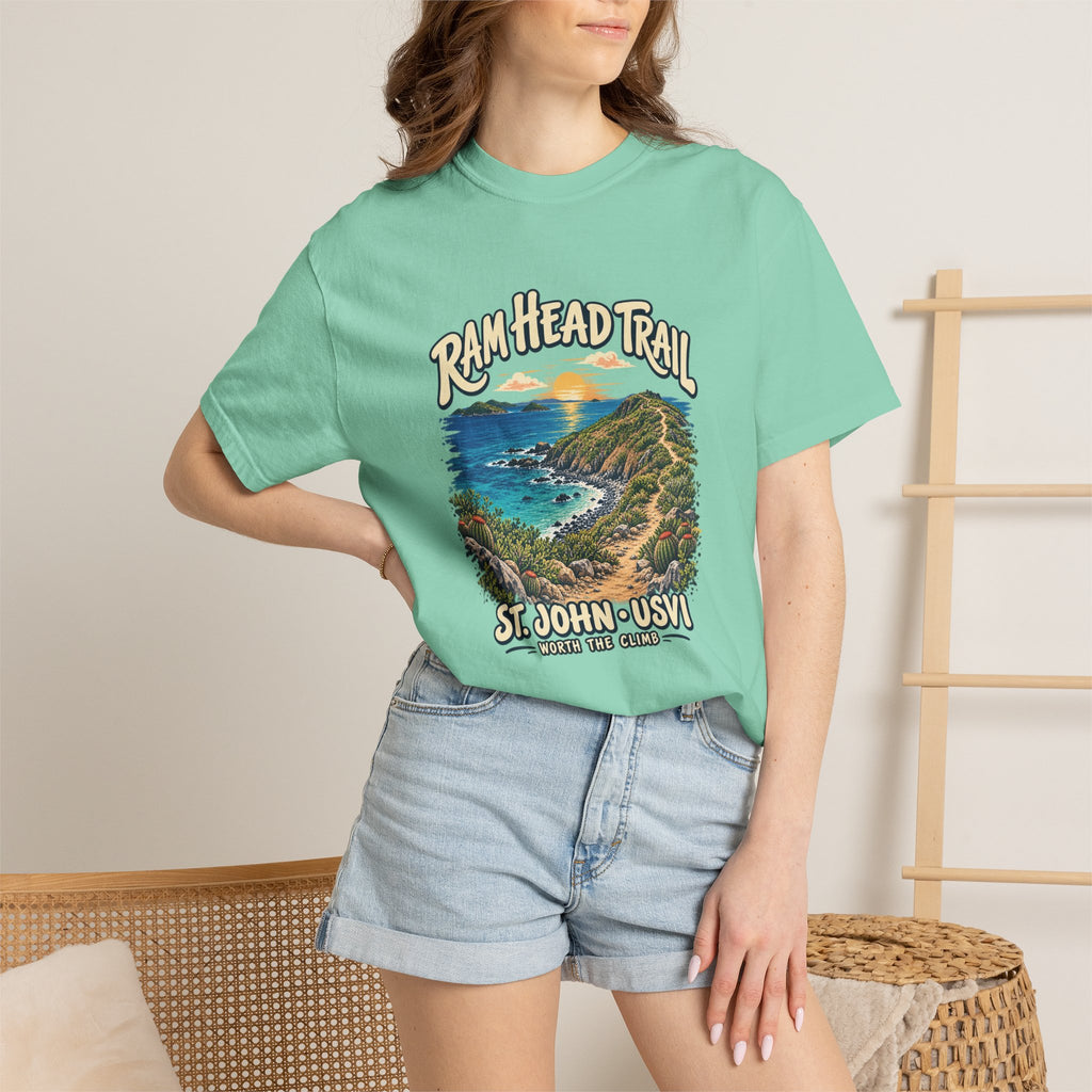 Model wearing a Comfort Colors 1717 T-shirt with the Ram Head Trail coastal illustration and St. John USVI lettering on the front.