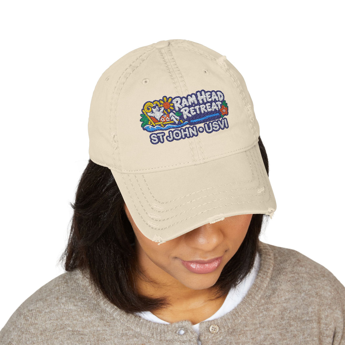 Ram Head Retreat St John USVI embroidered distressed dad hat, product and model view 8