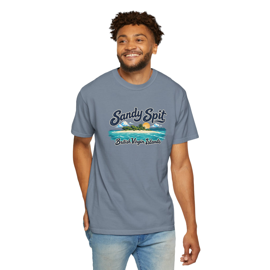 Model wearing the Sandy Spit BVI Comfort Colors 1717 T-shirt with colorful palm-tree island artwork and British Virgin Islands lettering.