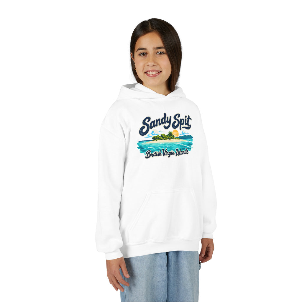 Young model wearing the Sandy Spit BVI Gildan 18500B youth hoodie, front-view mockup.