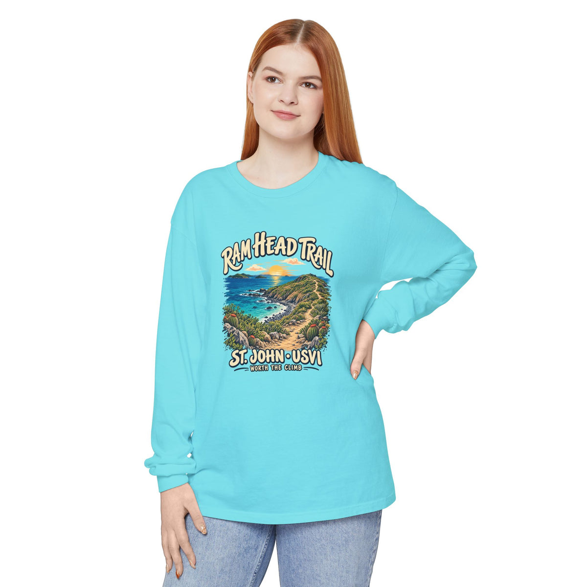 Model mockup of a Comfort Colors 6014 long-sleeve shirt featuring Ram Head Trail, St. John USVI coastal artwork and Worth the Climb lettering.