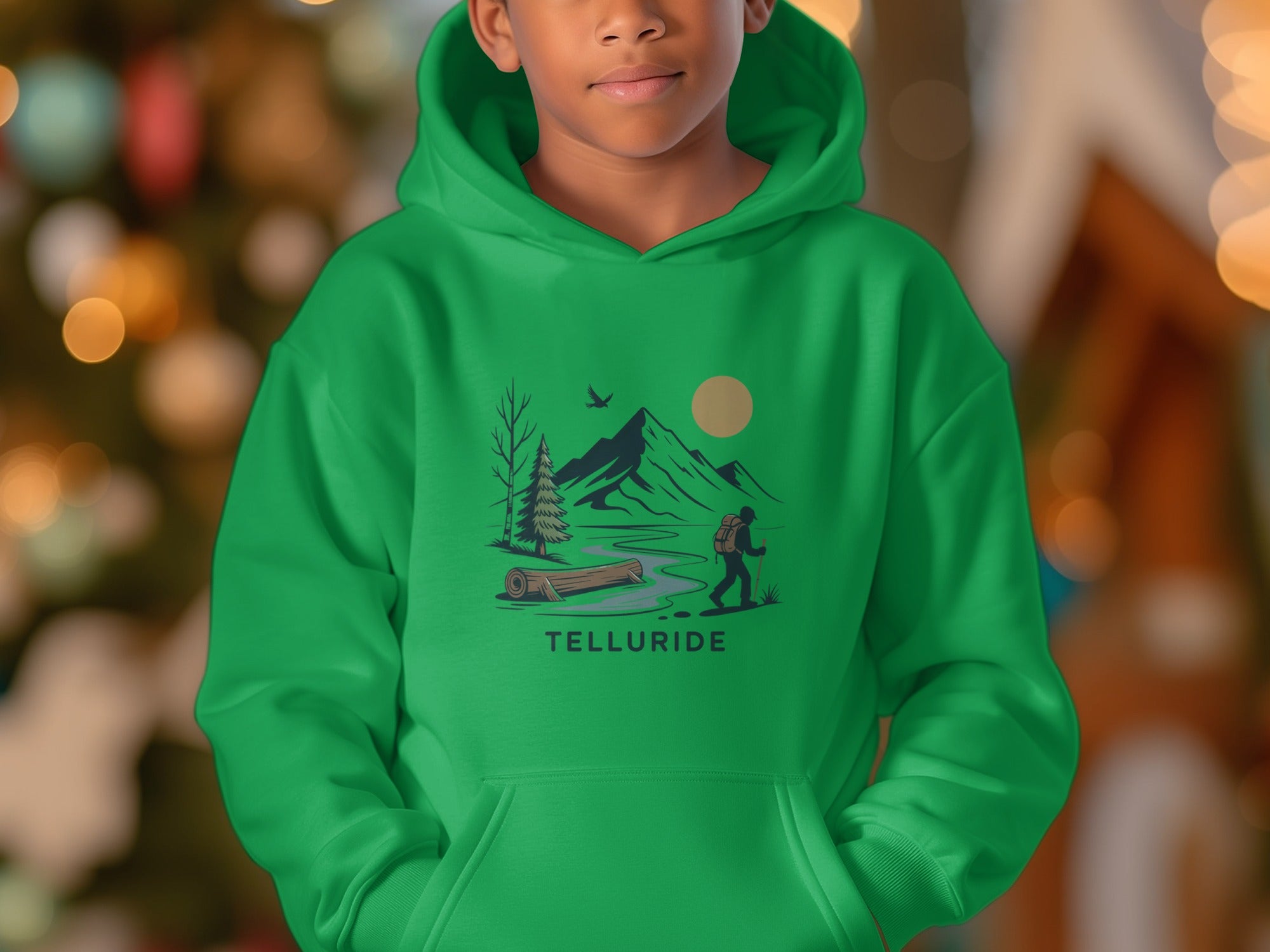 Telluride Green Hoodie with Mountain Scene