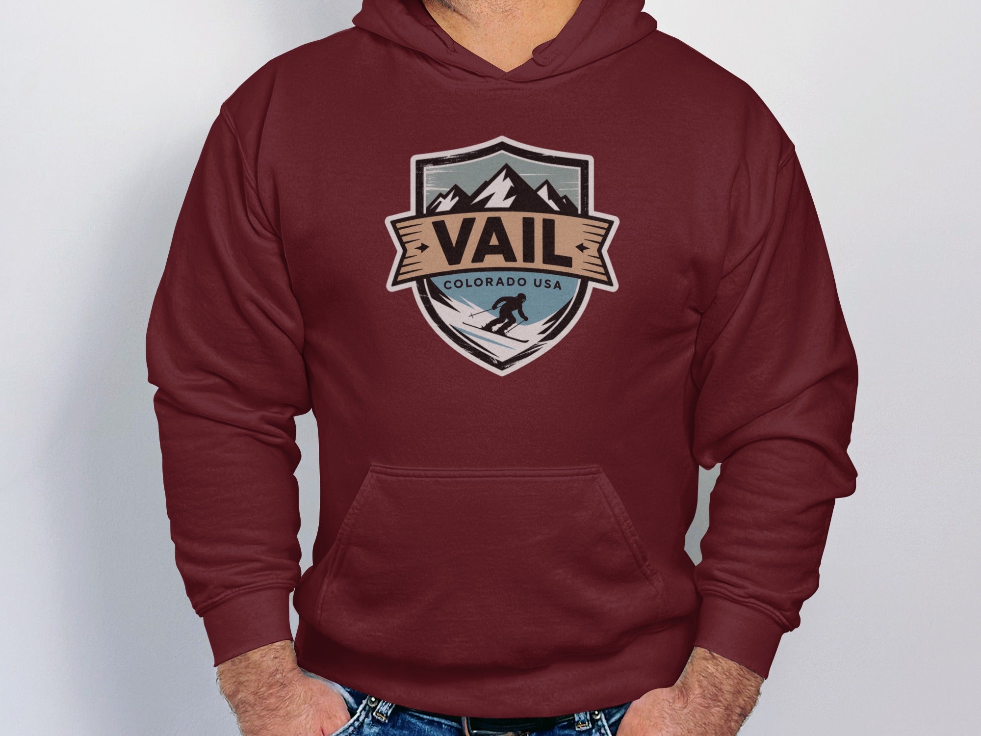 Vail Colorado USA Maroon Hoodie with Skiing Product