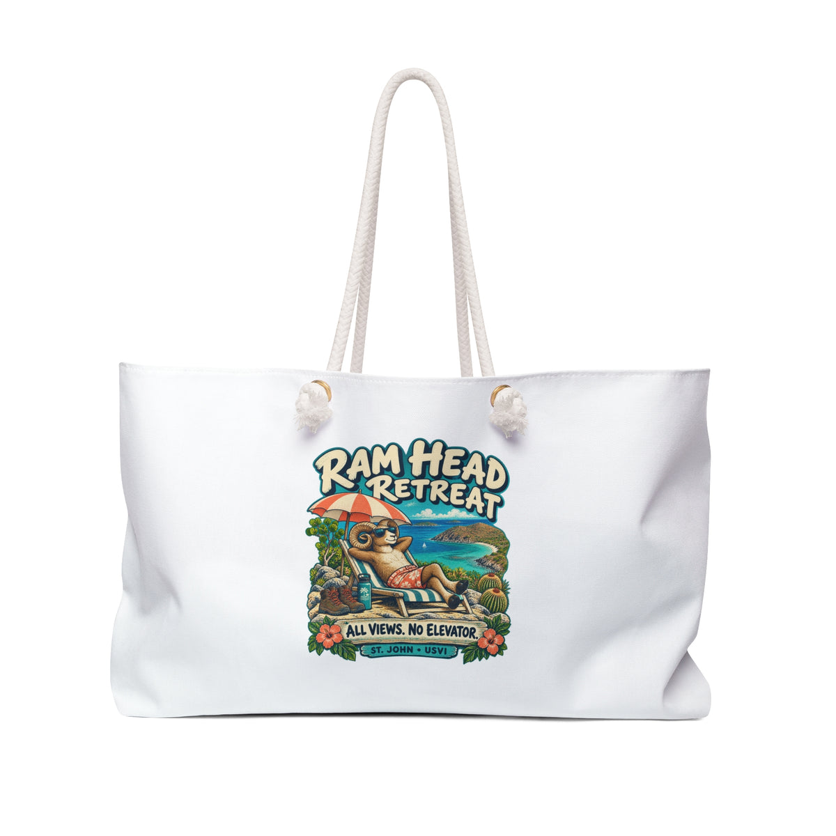Front of a white Ram Head Retreat St John USVI Weekender bag with rope handles and lounging ram artwork.