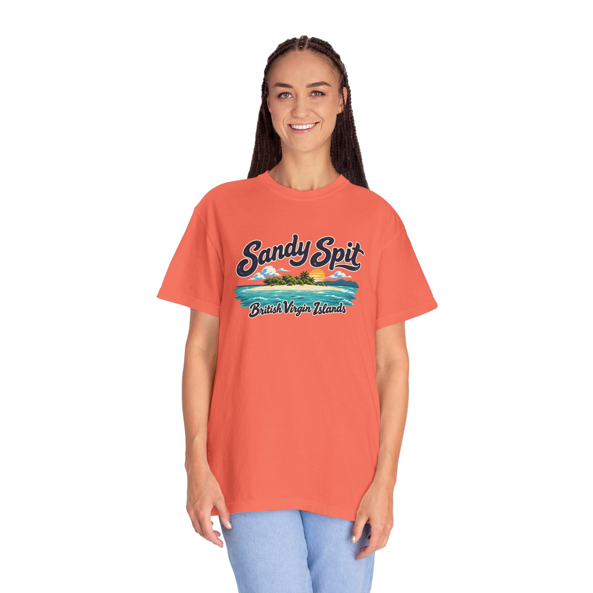 Model wearing the Sandy Spit BVI Comfort Colors 1717 T-shirt with colorful palm-tree island artwork and British Virgin Islands lettering.