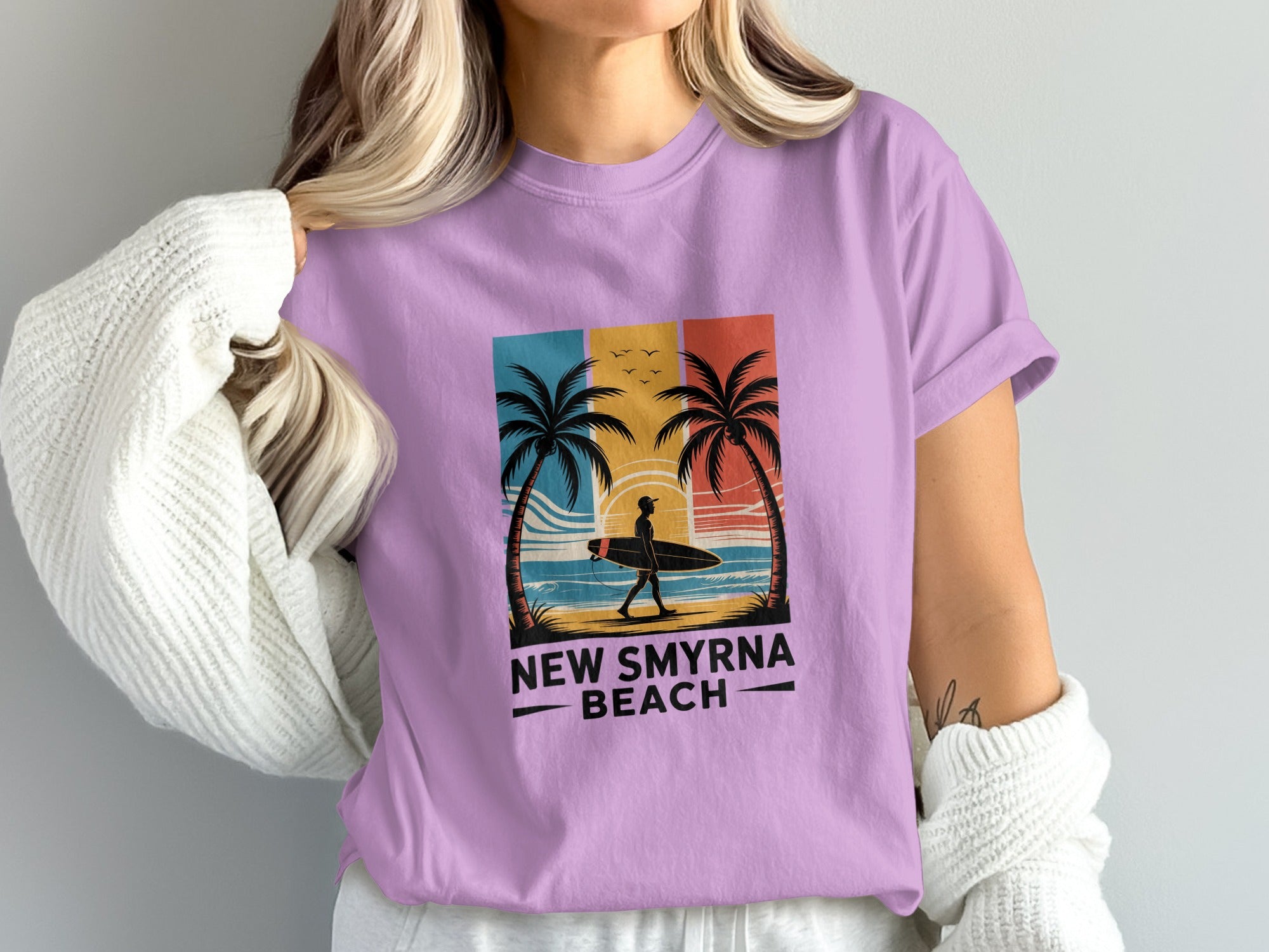 New Smyrna Beach Surfing Scene Graphic Tee product type