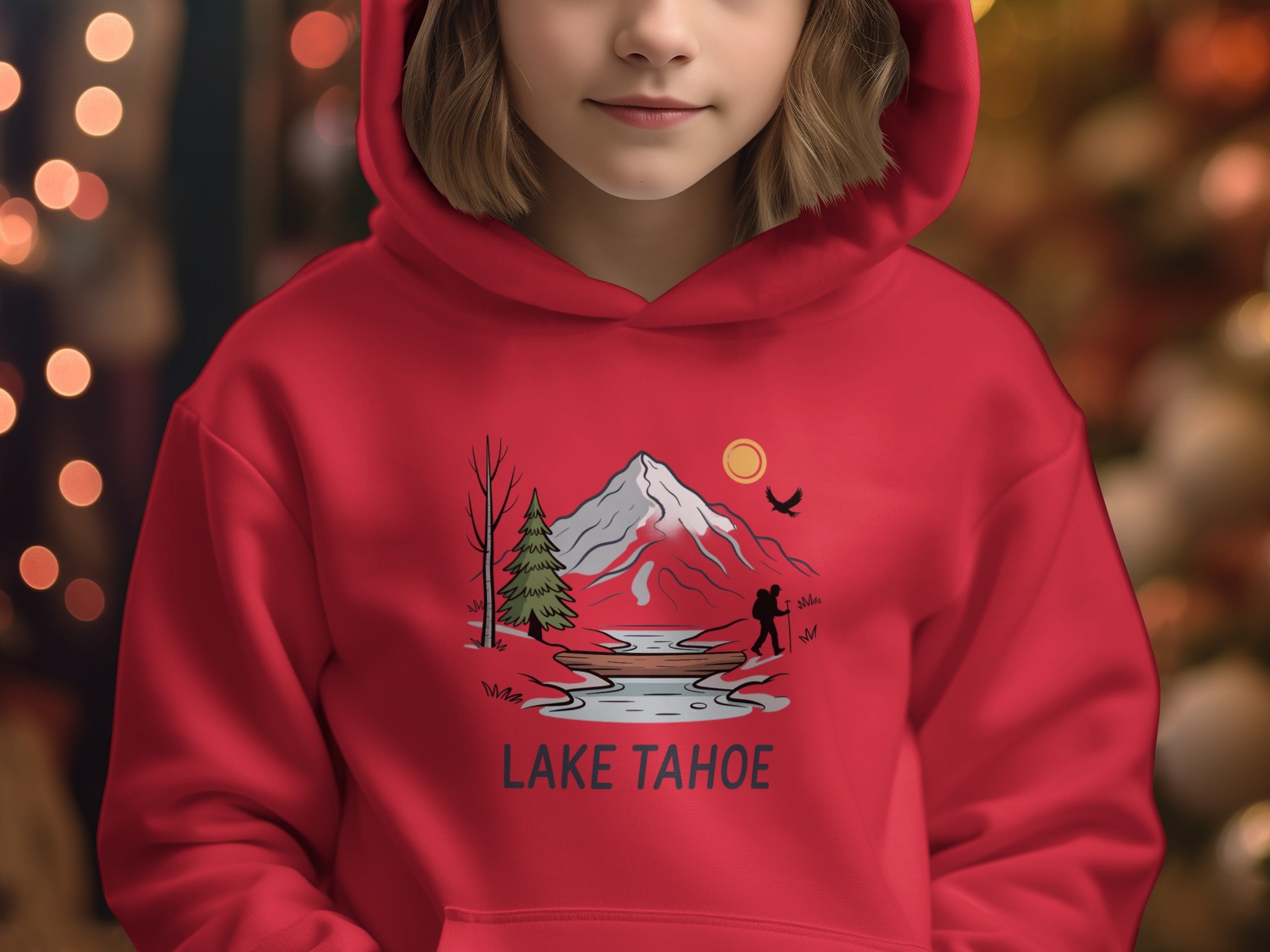 Lake Tahoe Red Hoodie Featuring Mountain Scene