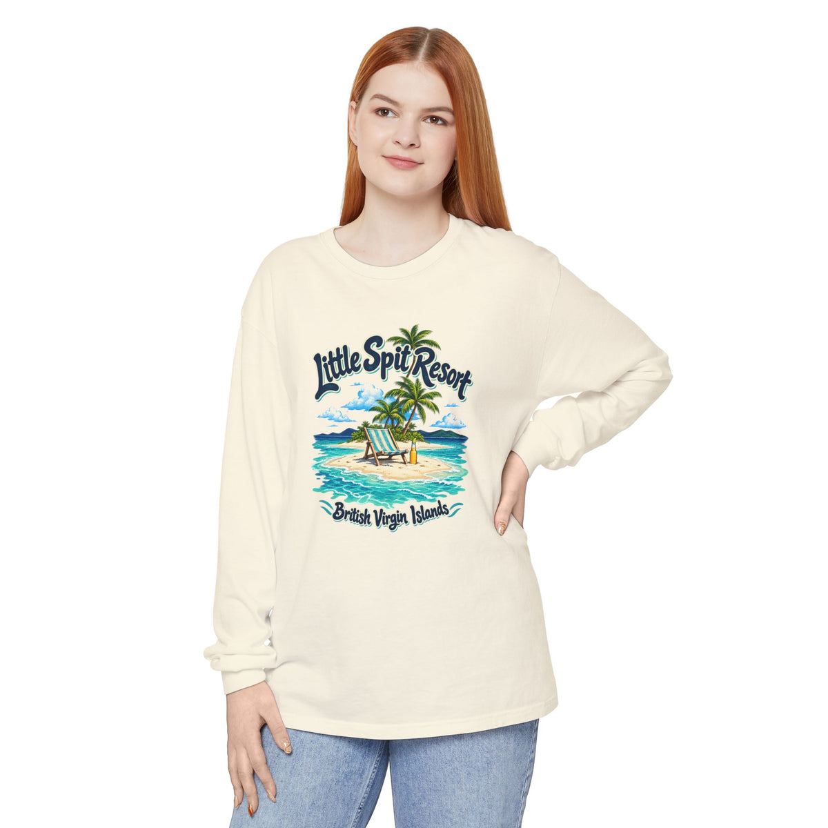 Model wearing the Little Spit Resort BVI Comfort Colors 6014 long-sleeve T-shirt with a beach-chair and palm-tree island graphic.