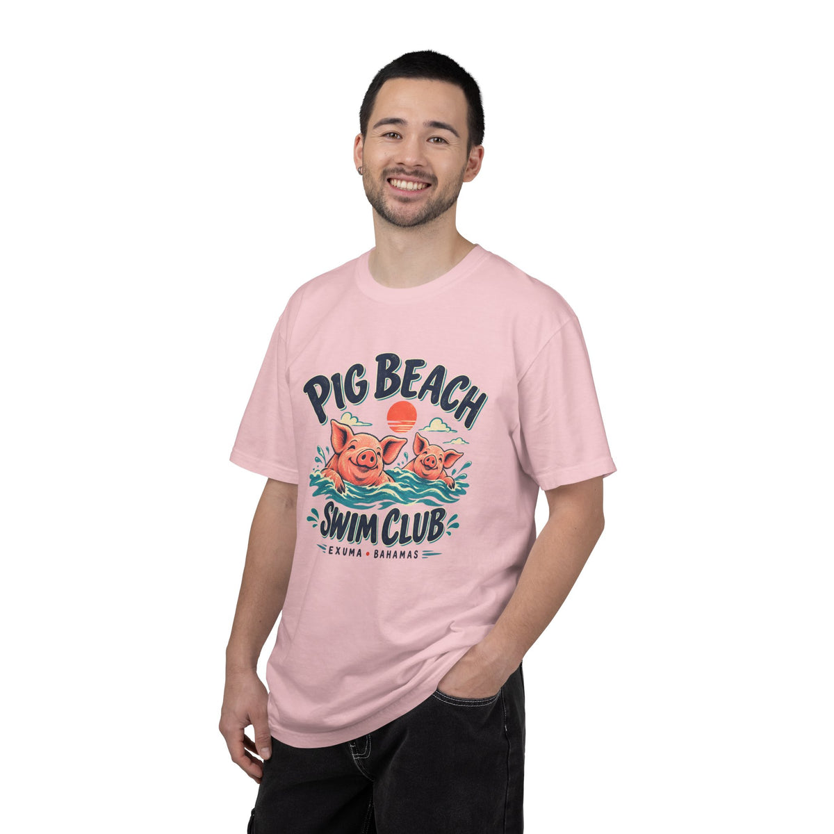 Model wearing the Pig Beach Swim Club Exuma Bahamas Comfort Colors 1717 T-shirt.