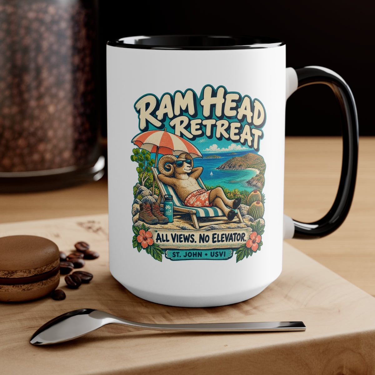 Ram Head Retreat St John USVI accent mug displaying the lounging ram design on its printed side.