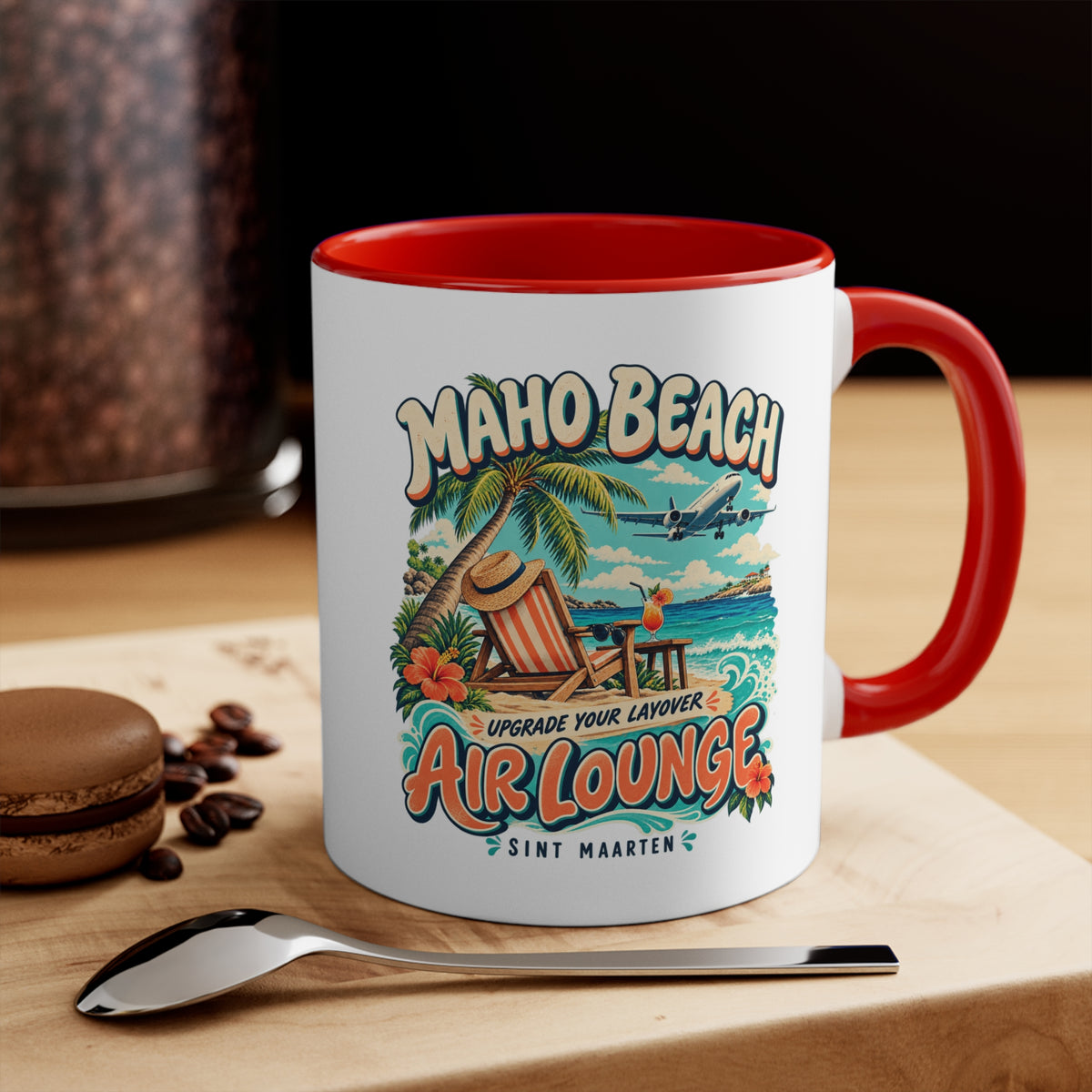 Maho Beach Air Lounge Sint Maarten Accent Coffee Mug illustrated destination design, product mockup