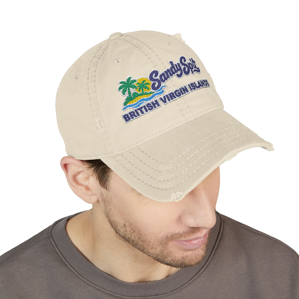 Model wearing the Sandy Spit BVI embroidered OTTO 104-1018 distressed dad hat, front-view mockup.