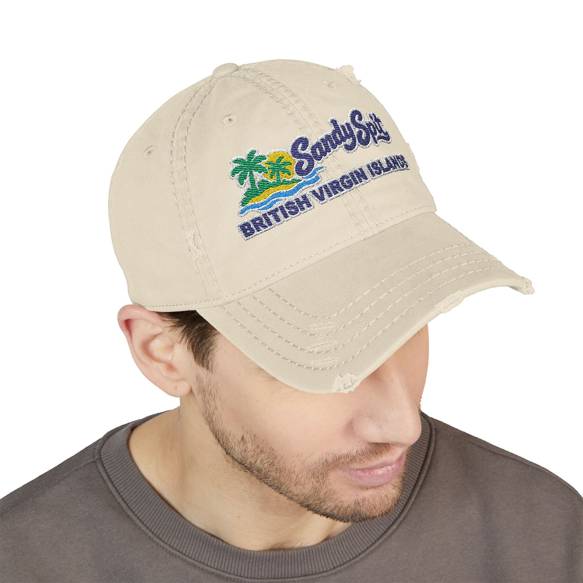 Model wearing the Sandy Spit BVI embroidered OTTO 104-1018 distressed dad hat, front-view mockup.